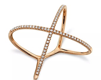 Anillo cruzado en forma de X de oro rosa de 14 quilates con diamantes naturales de 0,18 quilates. Regalo para ella. Certificado F VS2. Diseño elegante y llamativo.