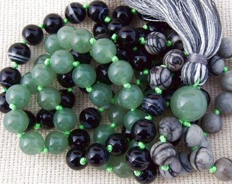 108 Mala Beads, Aventurine Jasper and Sardonyx Mala, 108 Hand Knotted Meditation Beads, Buddhist Prayer 108 Beads Mala Necklace