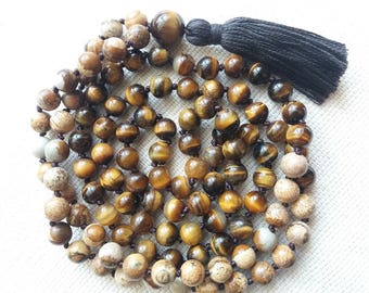 Tiger Eye and Jasper 108 Mala Beads, 108 Mala Hand Knotted Meditation Beads, Buddhist Prayer Earthy Necklace, Necklace for Stress Relief