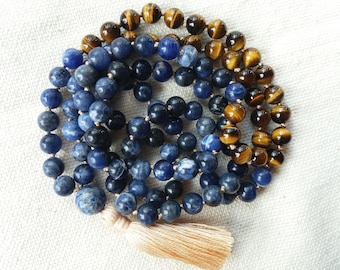 Tiger Eye and Sodalite 108 Mala Beads, 108 Mala Hand Knotted Meditation Beads, Buddhist Prayer Necklace, Long Tassel Necklace