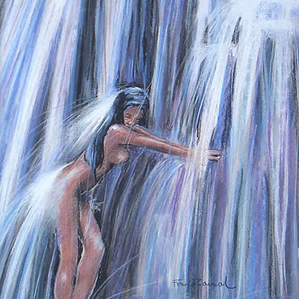 Dessin au Pastel Par une chaude journée d'été la fille se raffraichit sous l'eau de la cascade. croquis  39x49cm