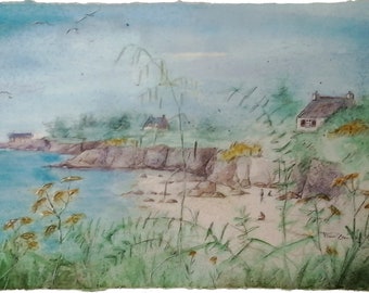 original artwork, Watercolour drawing on 300gr paper, mixed technique, Quiberon in Brittany bay side 28x20.5cm