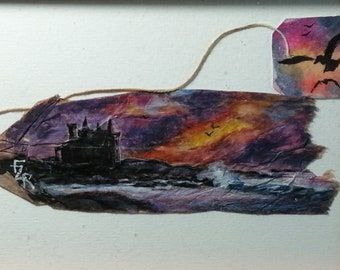 Miniature on used  tea bag, Landscape sunset on the  casttle of Quiberon watercolor gouache and ink