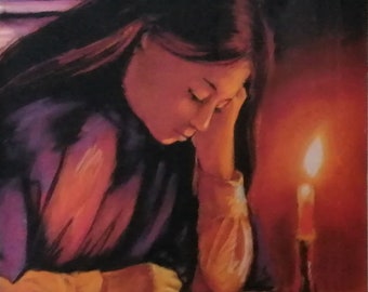 Pastel drawing on paper ,  portrait, Reading by candlelight,