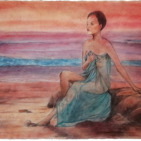 Peinture  originale Sur la plage avant le bain méditation au soleil levant, dessin aquarellé technique mixte sur papier 300gr 65x50cm