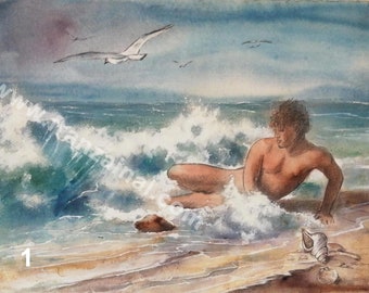 Choice of 2 Paintings-Drawings on watercolour paper nudes  man on the beach 52x72cm  woman in the meadow 50x65cm unique pieces