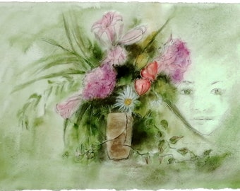 Pink and green bouquet  with the spirit of nature, watercolored drawing 55x37cm mixted technique unique piece