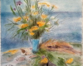 Seaside bouquet in a vase, watercolored drawing  40x40cm mixted technique unique piece