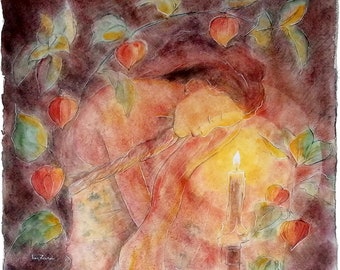 Watercolour graphite  crayon , Meditation, candle and Physalis   50x50cm mixted technique