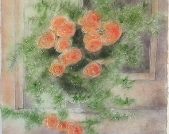 Bunch of flowers, bouquet of roses in a vase, watercolored drawing  40x40cm mixted technique