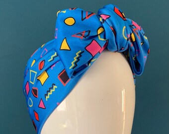 Blue retro print. Turban bow headband