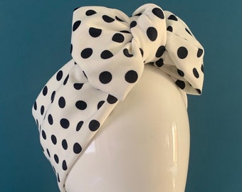 Navy and White spotty turban bow headband