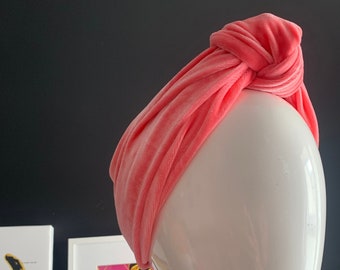 Coral velvet knotted turban headband