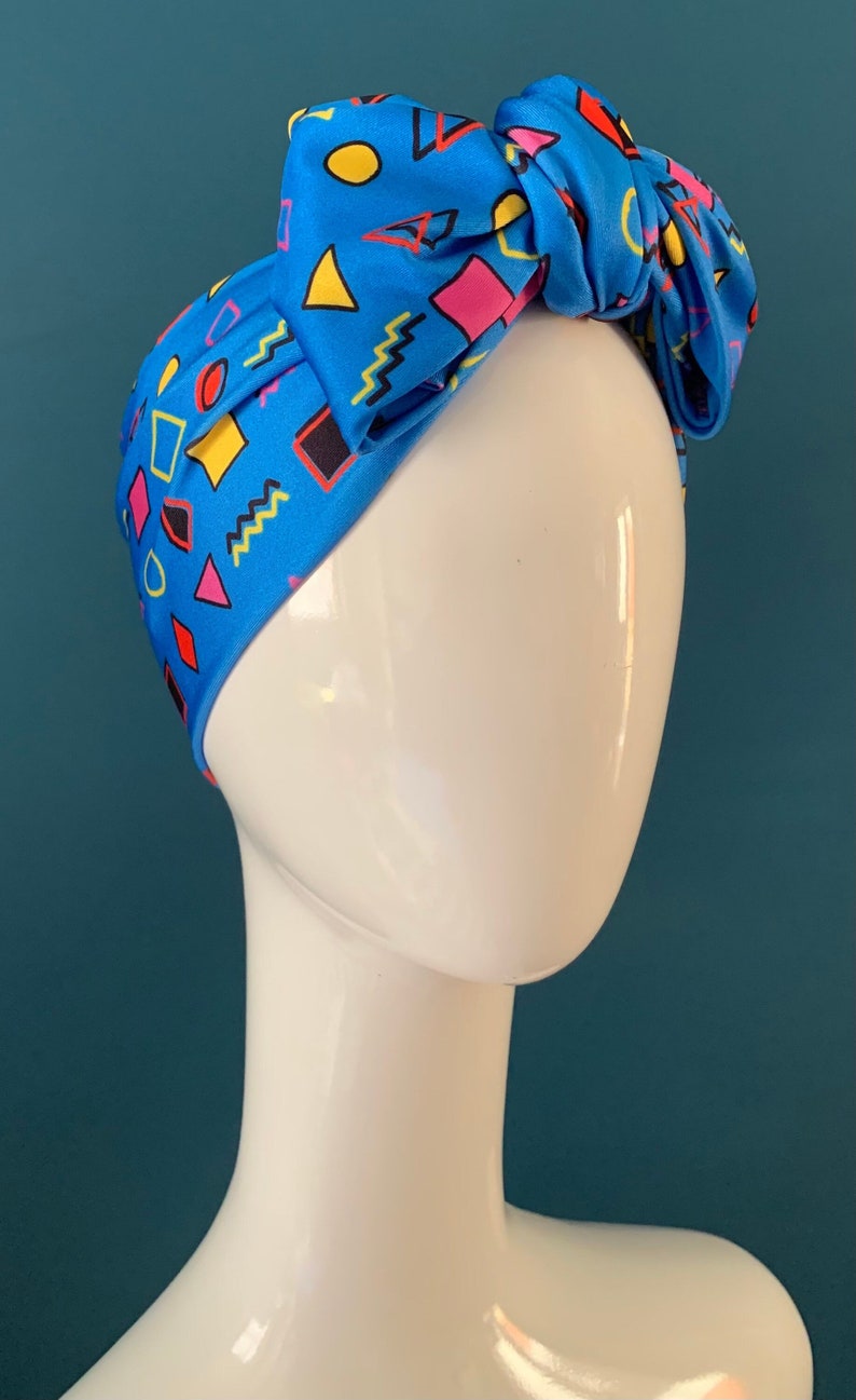 Blue retro print. Turban bow headband image 1