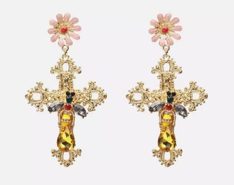 Ornate cross drop earrings