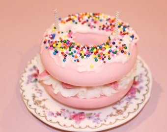 Strawberry & Cream Donuts - Sweet / Creamy / Fruity Novelty / Realistic /Dessert Candle - All Natural Soy and Beeswax