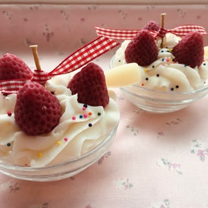 Strawberry Cream Sundae Ice Cream Candle with Spoon / Real Sugar Sprinkles - Realistic Dessert Candle - Made with All Natural Soy & Beeswax