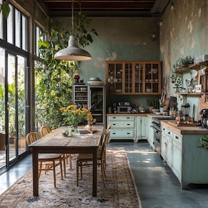 May include: A rustic kitchen with a large wooden table and chairs, surrounded by plants. The kitchen features light blue cabinets, a wooden countertop, and a vintage light fixture hanging above the table.