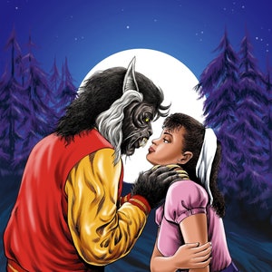 May include: A werewolf wearing a red and yellow jacket gazes affectionately at a woman in a pink and purple dress. They are seated on a log in a woodland setting beneath a full moon.