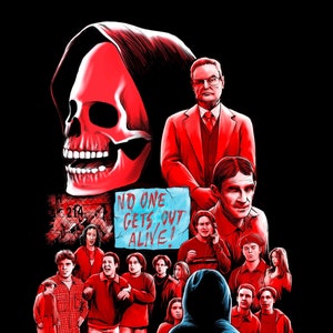 May include: A horror film poster with a red skull and a hooded figure. The poster features a group of people in red clothing, with the text "NO ONE GETS OUT ALIVE!" and "AND THEN THERE WAS SHAWN".