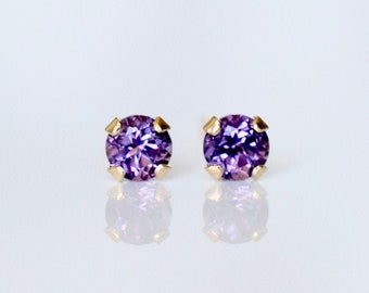 Natural raw 8mm purple amethyst stud earrings with 24k yellow gold plated over sterling silver stud post uniquelan jewelry genuine February birthstone jewelry