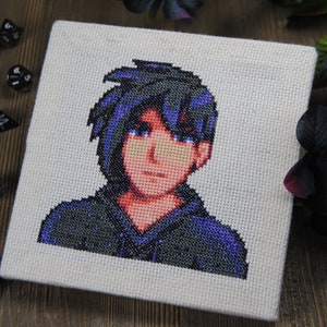 May include: Cross-stitch portrait of a person with blue hair and a purple hoodie. The person is looking directly at the viewer.