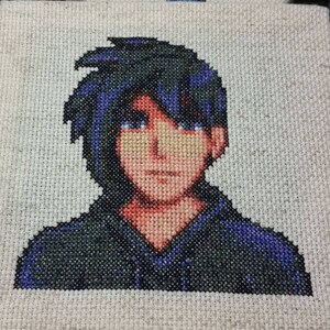 May include: Cross-stitch embroidery of a person with dark blue hair and a dark blue and green hooded shirt.