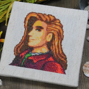 May include: Cross-stitch artwork of a person with long brown hair, wearing a red and green jacket. The artwork is framed on a beige canvas.