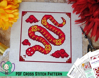 Year of the Snake Cross Stitch Pattern - Chinese New Year Inspired Design - Lunar Zodiac Animals - Designed w/ DMC Diamant / Light Effects