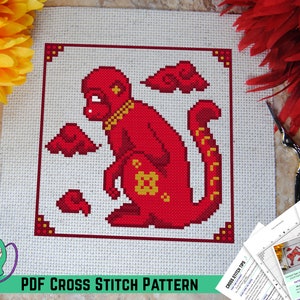 Year of the Monkey Cross Stitch Pattern Chinese New Year Inspired Design Lunar Zodiac Animals Designed w/ DMC Diamant or Light Effects image 1