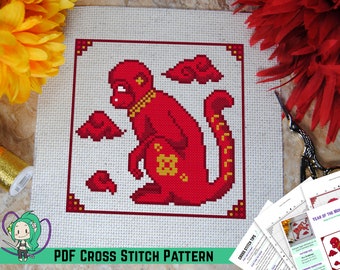 Year of the Monkey Cross Stitch Pattern - Chinese New Year Inspired Design - Lunar Zodiac Animals - Designed w/ DMC Diamant or Light Effects