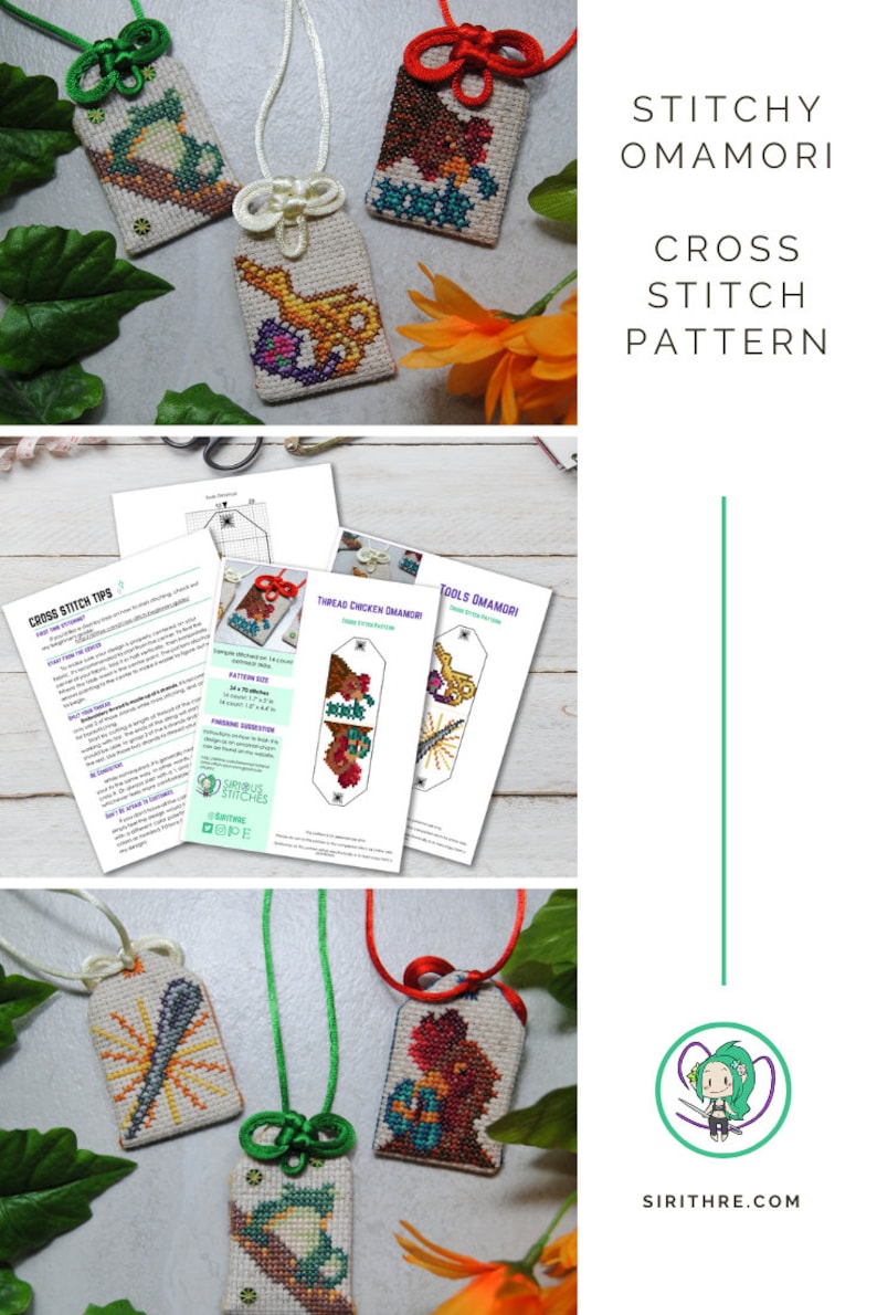 May include: A collection of cross-stitch omamori charms with various designs, including a rooster, a dragon, and a spoon. The image also features cross-stitch pattern instructions and the text "STITCHY OMAMORI CROSS STITCH PATTERN".