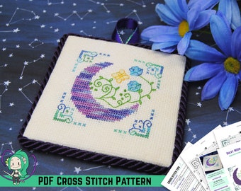 Moon Cross Stitch Pattern - Mystical Design for Sulky Petites and Variegated Thread - DMC Alternatives Included - Lotus Flower Crescent