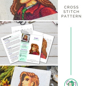 May include: Cross stitch pattern for Elliott from Stardew Valley. The pattern shows a pixelated image of Elliott with brown hair and a red shirt. The pattern is printed on white paper and includes instructions for cross stitching.