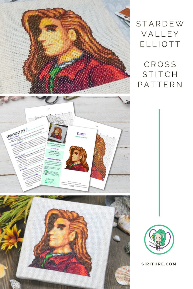 May include: Cross stitch pattern for Elliott from Stardew Valley. The pattern shows a pixelated image of Elliott with brown hair and a red shirt. The pattern is printed on white paper and includes instructions for cross stitching.