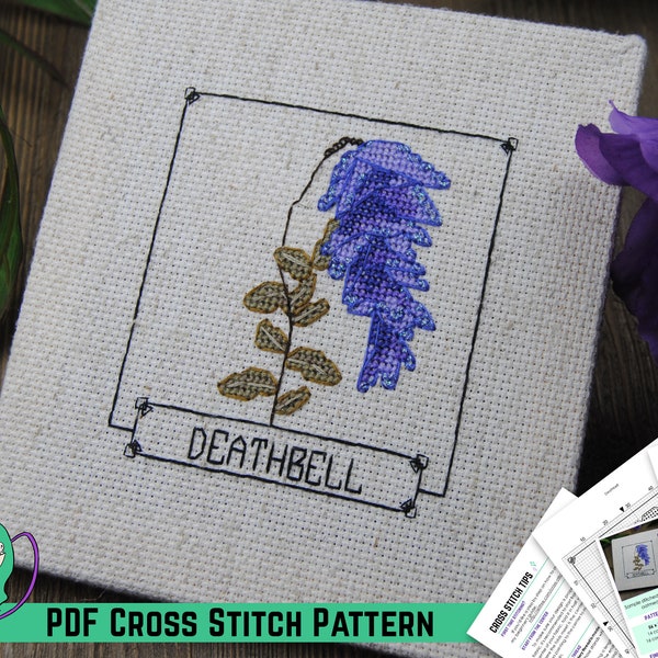 Skyrim Cross Stitch Pattern - Elder Scrolls Deathbell Flower Design - Video Game Botanical Alchemy Study - DIY Geeky Floral Game Room Decor