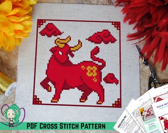 Year of the Ox Cross Stitch Pattern - Chinese New Year Inspired Design - Lunar Zodiac Animals - Designed w/ DMC Diamant or Light Effects