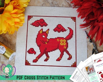 Year of the Dog Cross Stitch Pattern - Chinese New Year Inspired Design - Lunar Zodiac Animals - Designed w/ DMC Diamant or Light Effects