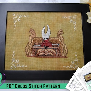 Hollow Knight Cross Stitch Pattern - Hornet / Daughter / Protector - Hallownest Bench Design - Detailed DIY Game Room Wall Art