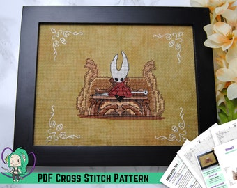 Hollow Knight Cross Stitch Pattern - Hornet / Daughter / Protector - Hallownest Bench Design - Detailed DIY Game Room Wall Art