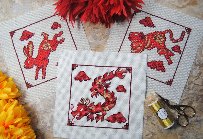 Year of the Monkey Cross Stitch Pattern Chinese New Year Inspired Design Lunar Zodiac Animals Designed w/ DMC Diamant or Light Effects image 4