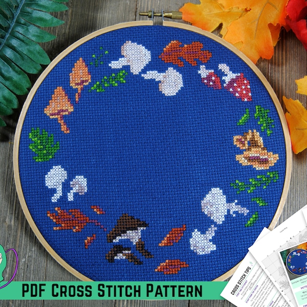 Faerie Ring Cross Stitch Pattern - Mushroom Wreath Hoop Design - DIY Cottage Core Home Decor / Gift