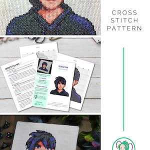 May include: Cross stitch pattern for Sebastian from Stardew Valley. The pattern is printed on white paper and shows a pixelated image of Sebastian. The pattern is surrounded by a wooden surface.