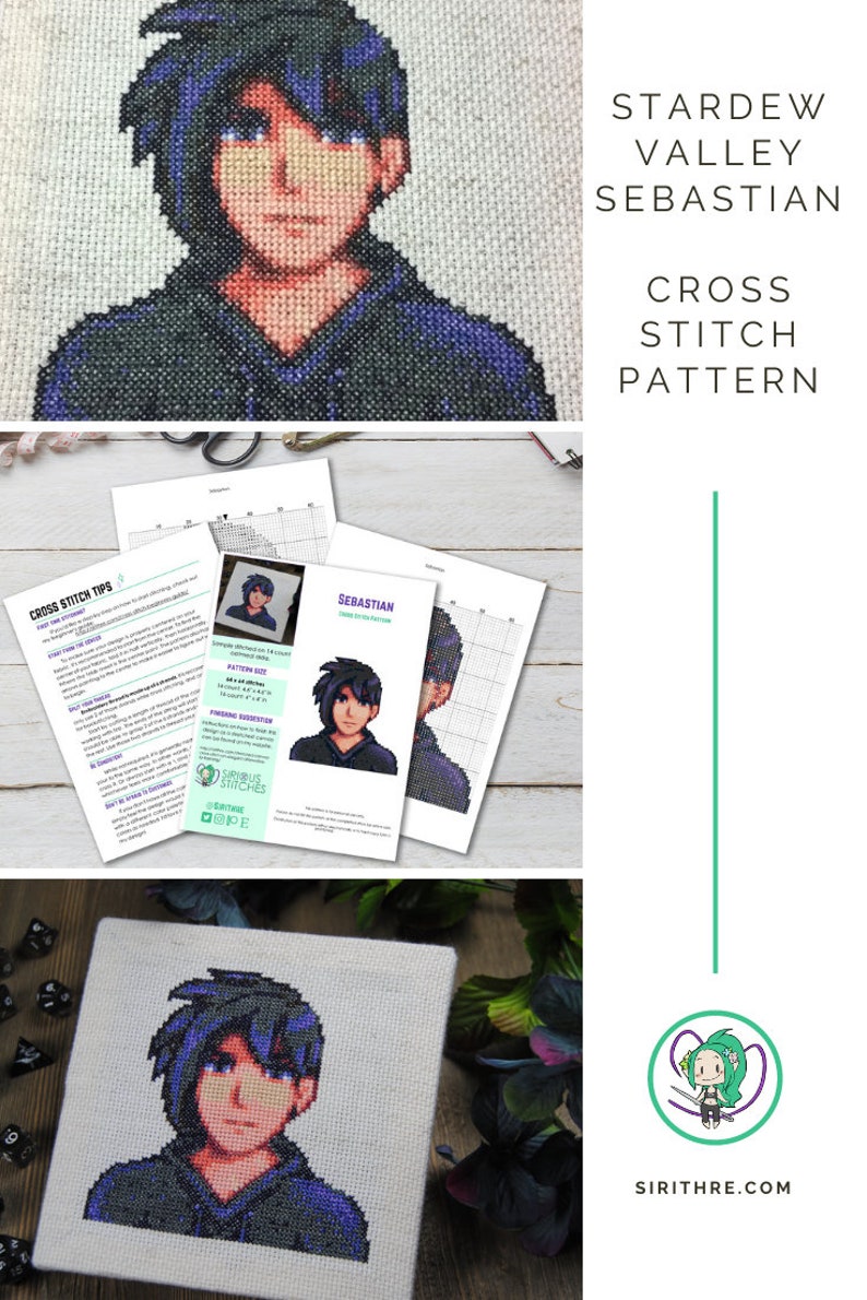 May include: Cross stitch pattern for Sebastian from Stardew Valley. The pattern is printed on white paper and shows a pixelated image of Sebastian. The pattern is surrounded by a wooden surface.
