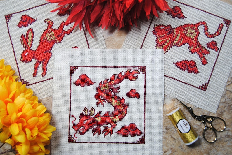 Year of the Monkey Cross Stitch Pattern Chinese New Year Inspired Design Lunar Zodiac Animals Designed w/ DMC Diamant or Light Effects image 3