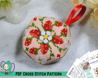 Biscornu Cross Stitch Pattern - Strawberry Flowers and Vines Pin Cushion - DIY Ornament - Summer Fruit Design - Kawaii Cross Stitch -  PDF