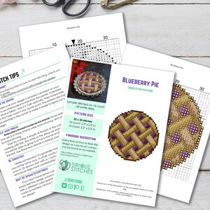 May include: Cross stitch pattern for a blueberry pie. The pattern includes a grid with instructions on how to stitch the pie. The pattern is available in multiple sizes, including 20 x 30 inches and 14 count, 2.5 x 2.5 inches. The pattern is also available in 14 count, 2.2 x 2.2 inches. The pattern is perfect for beginner cross stitchers.