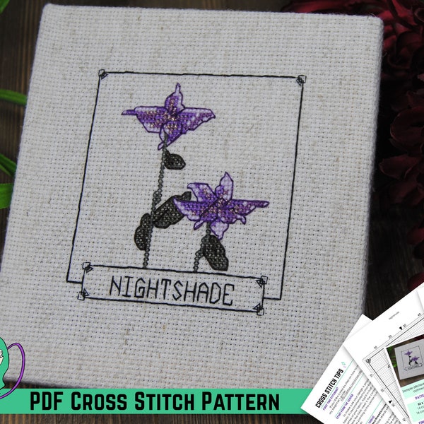 Skyrim Cross Stitch Pattern - Elder Scrolls Nightshade Flower Design - Video Game Botanical Alchemy Study - DIY Geeky Floral Game Room Decor