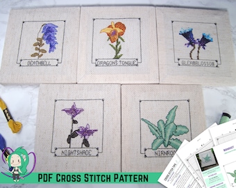 May include: Five cross stitch patterns on canvas featuring different plants from the video game "The Elder Scrolls V: Skyrim". The plants are Deathbell, Dragon's Tongue, Gleamblossom, Nightshade, and Nirnroot.