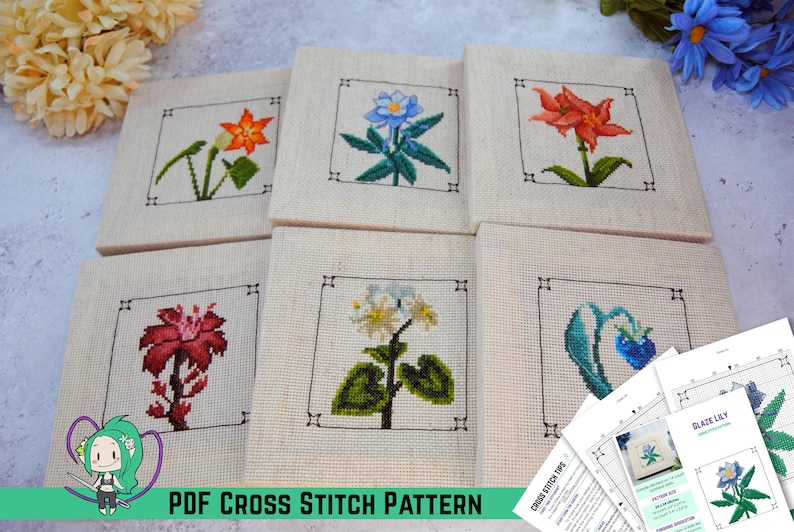 Puede incluir: Seis patrones de punto de cruz cuadrados con dise&ntilde;os florales en varios colores, incluyendo naranja, azul y rojo. Cada patr&oacute;n est&aacute; enmarcado con un borde negro sobre un fondo beige. El texto "PDF CROSS STITCH PATTERN" est&aacute; en la parte inferior.